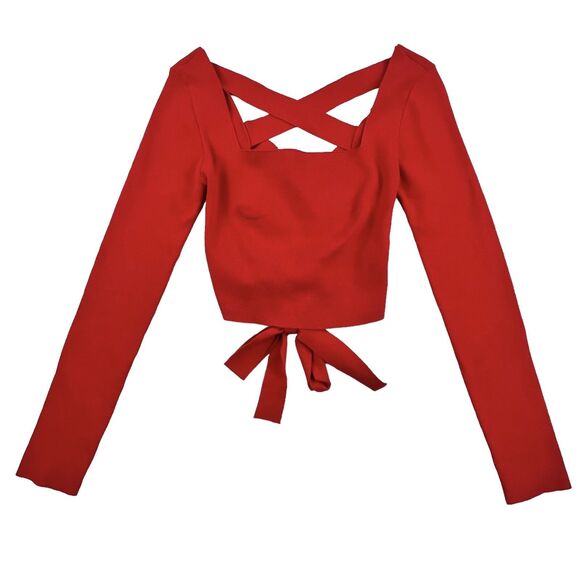 Le Lis Top Women's Medium Red Lace Knit Cropped Criss Cross Strap Back Sweater - Picture 1 of 14